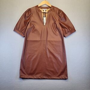 NWT Steve Madden Cognac Faux Leather Puffed Sleeve Mini Dress Shift Retro Boho M